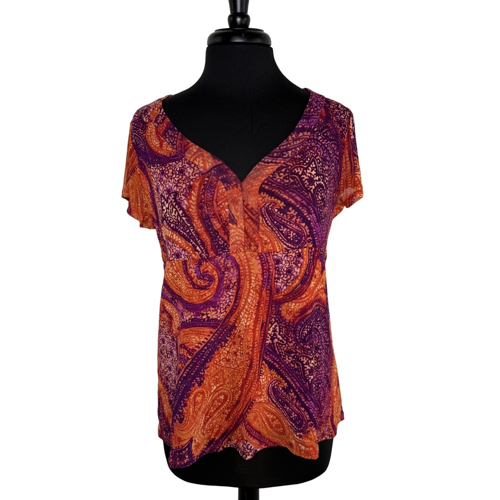Axcess Liz Claiborne Mesh Paisley Top L Vintage Y2K Sheer Boho Empire‎ Waist
